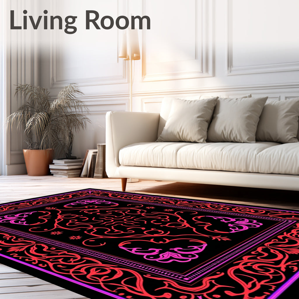 Vibrant Pink Red Floral Scroll Frame Rug