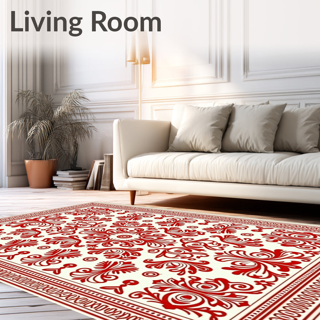 Luxe Red Baroque Scrollwork Oval Rug