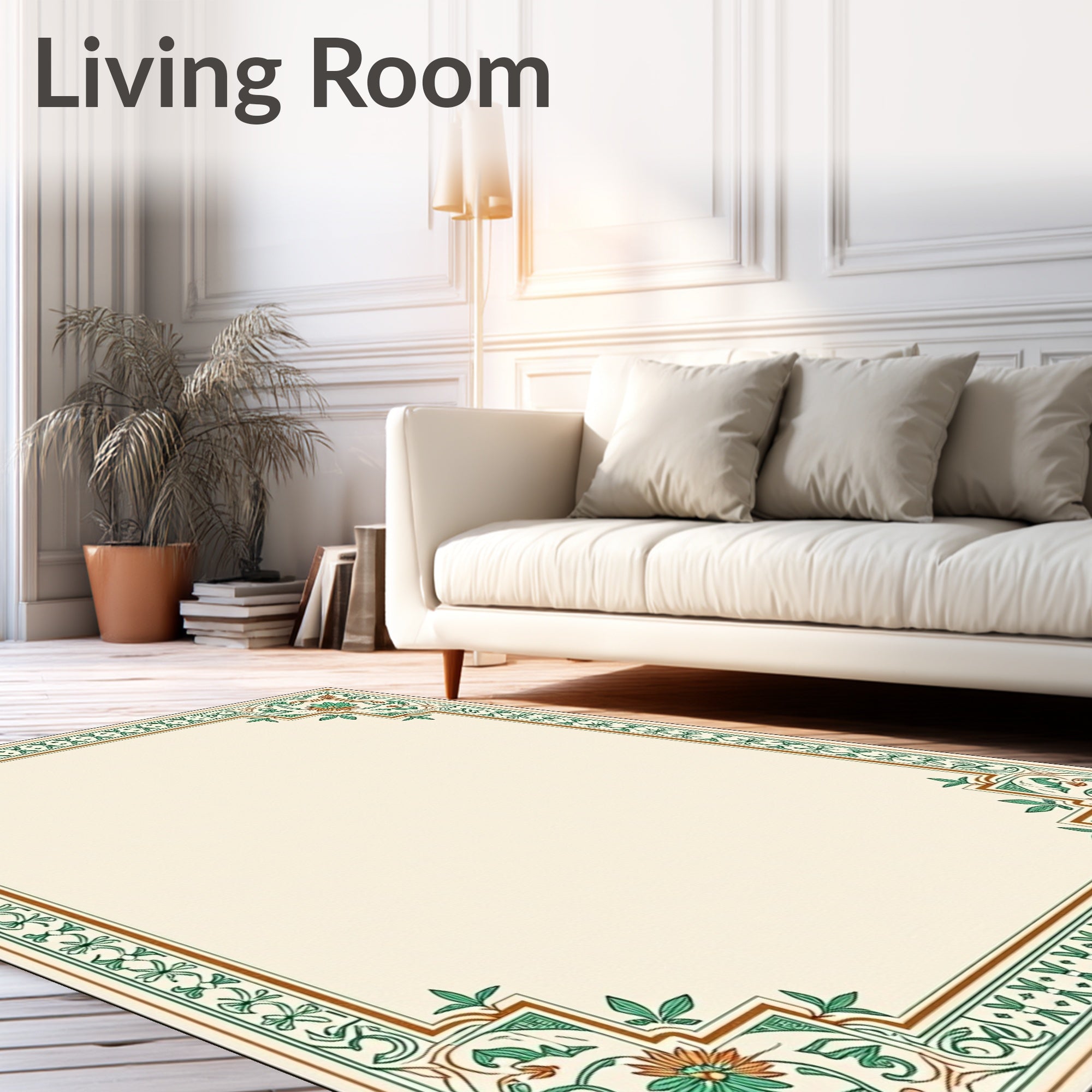 Ornate Green Floral Corner Border Rug