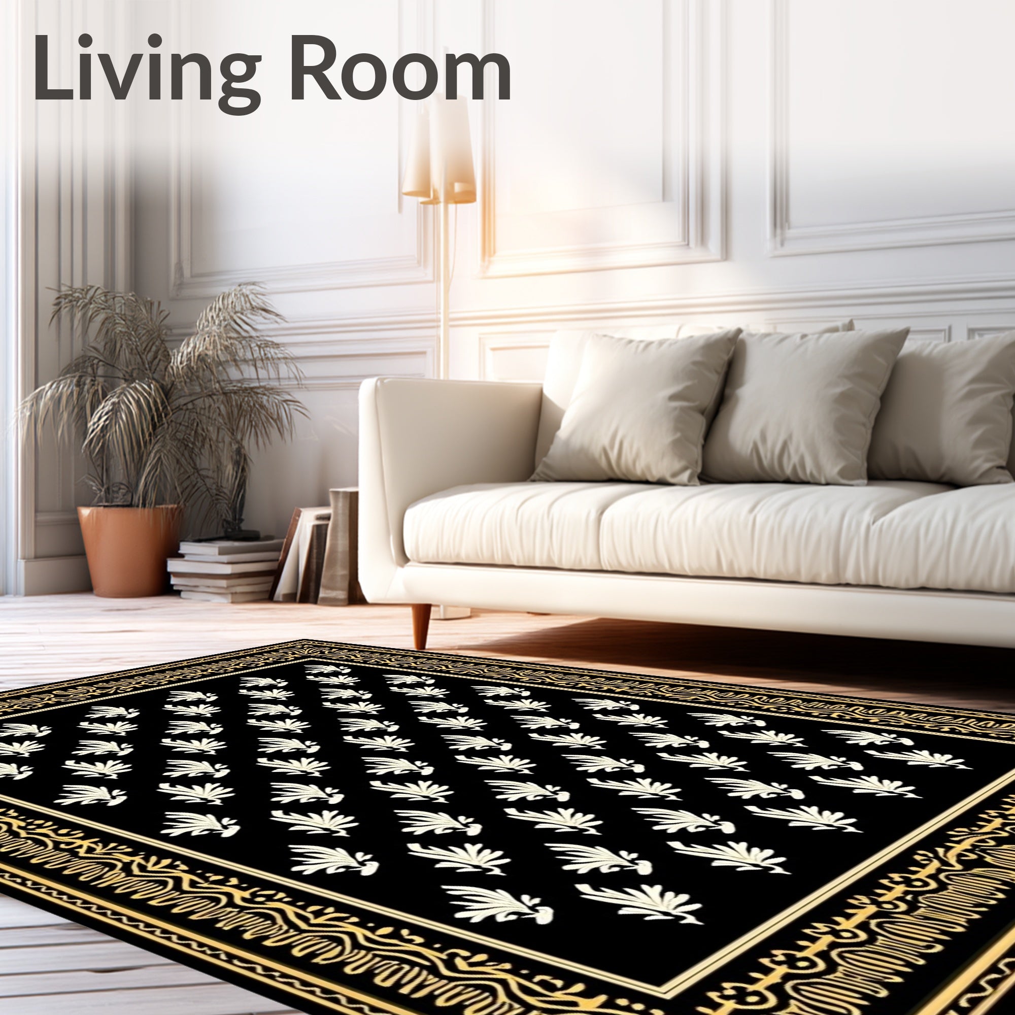 Black Cream Leafy Border Rug