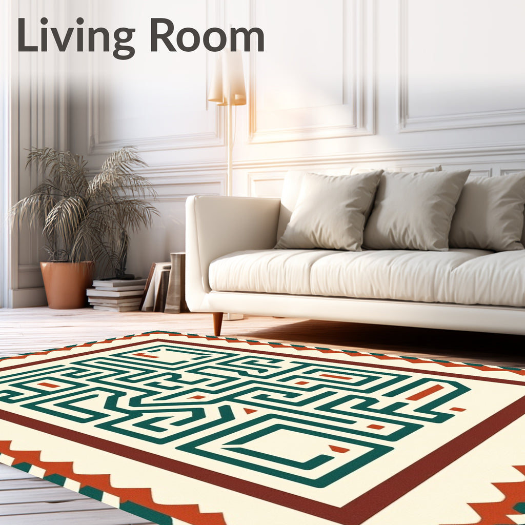 Teal Maze Cream Border Rug