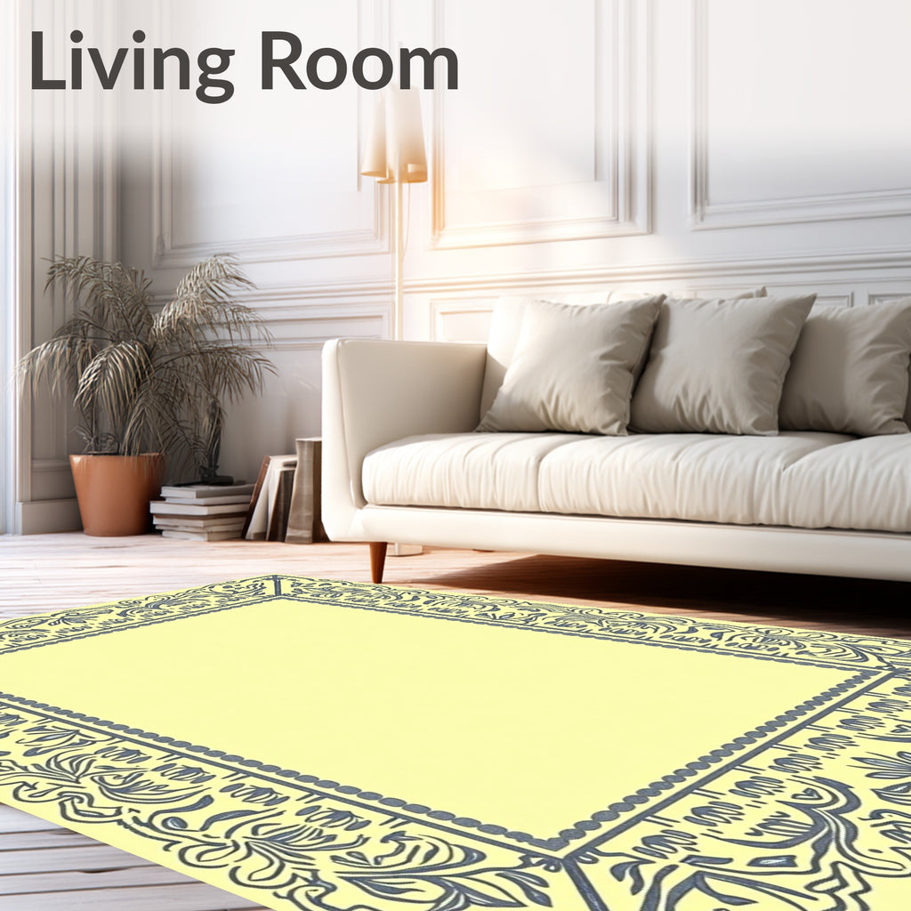 Pale Yellow Slate Gray Floral Crest Rug