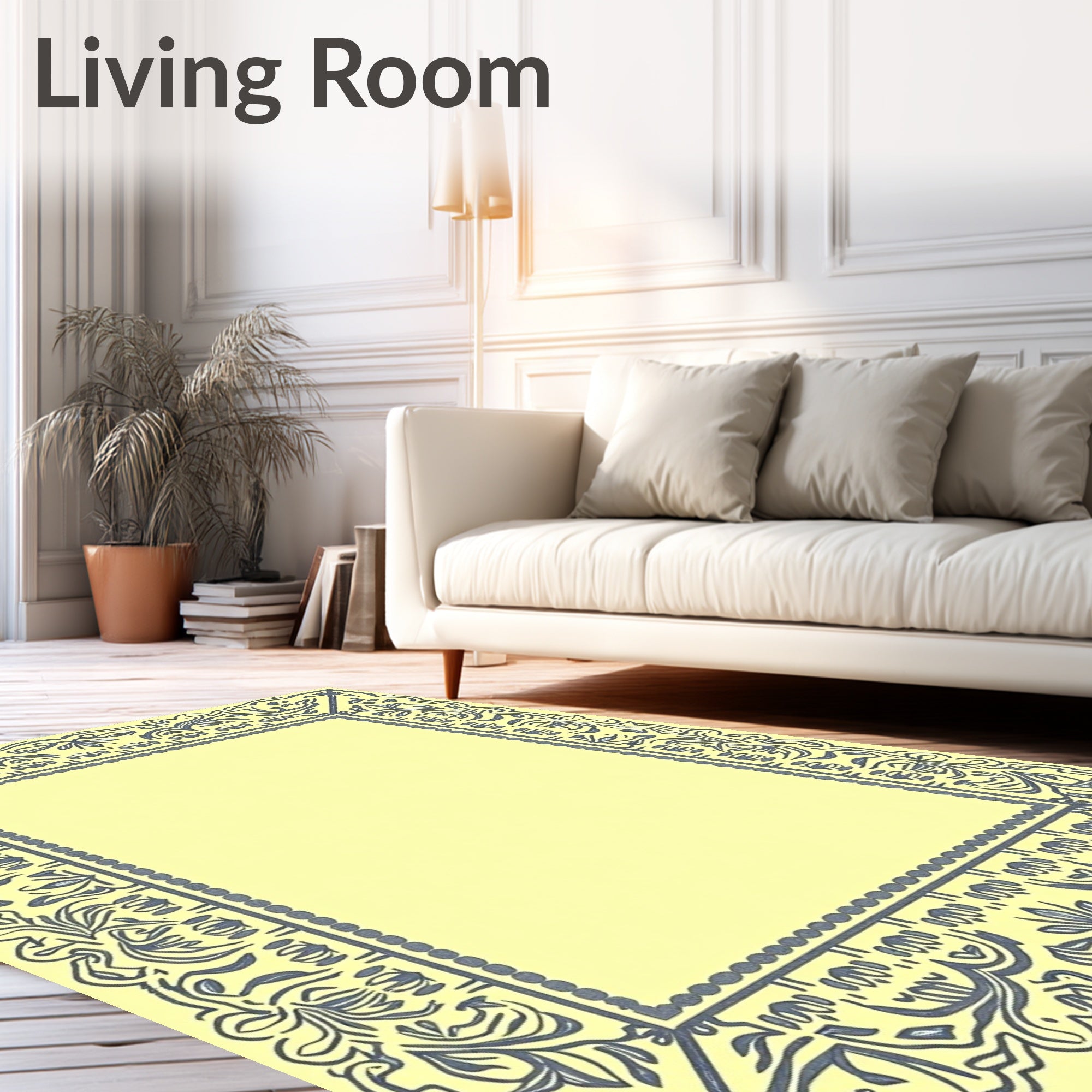 Pale Yellow Slate Gray Floral Crest Rug