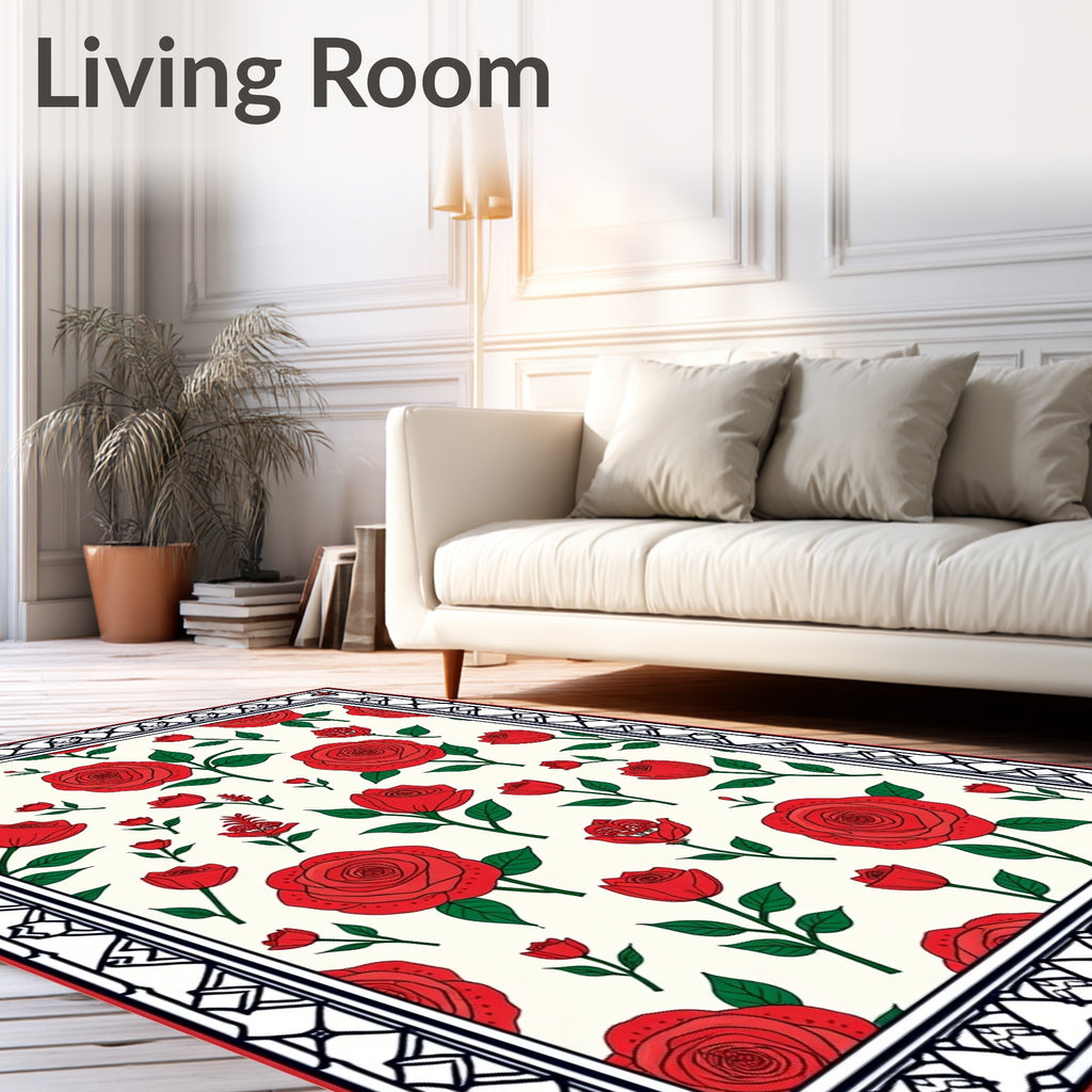Classic Red Rose Garden Border Rug