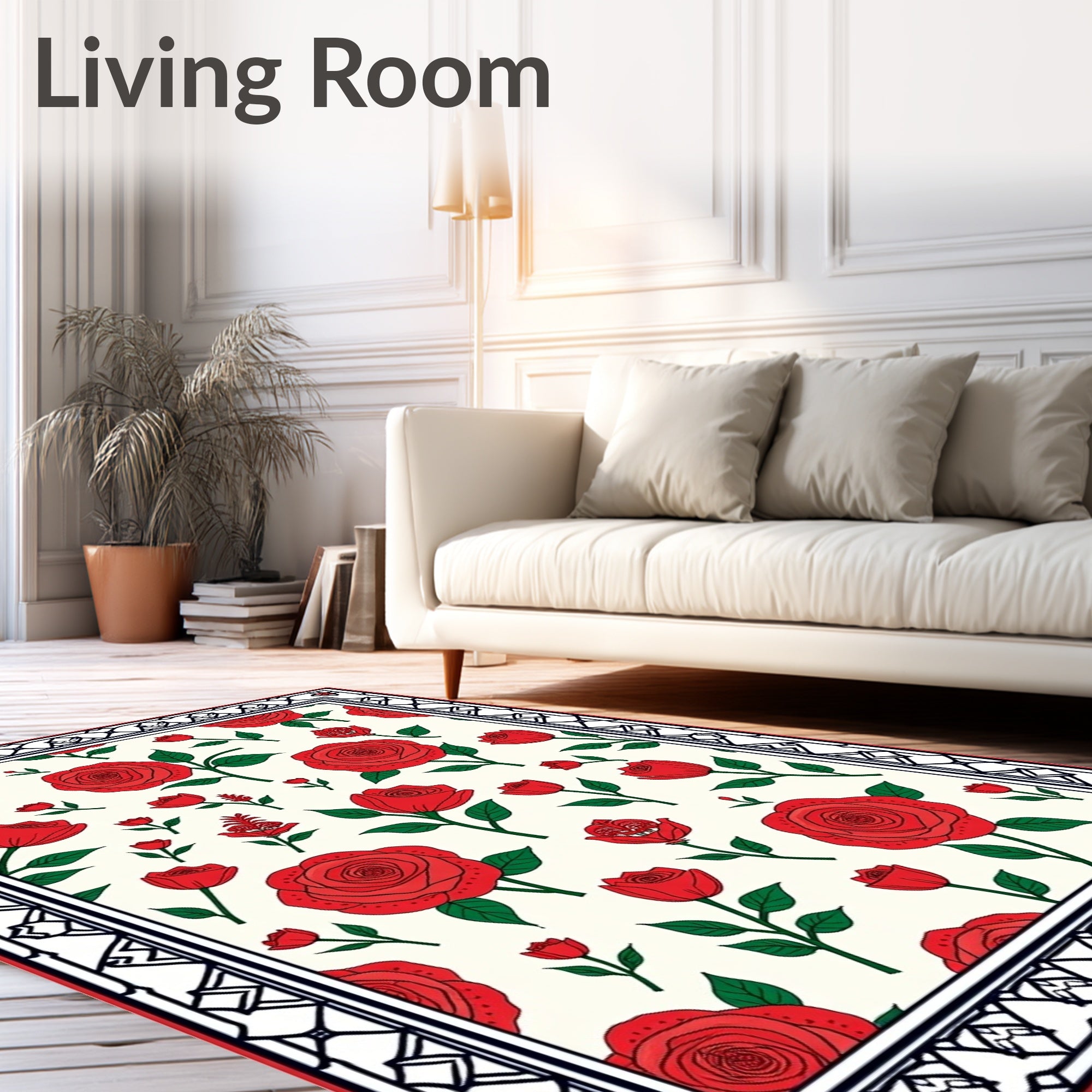Classic Red Rose Garden Border Rug