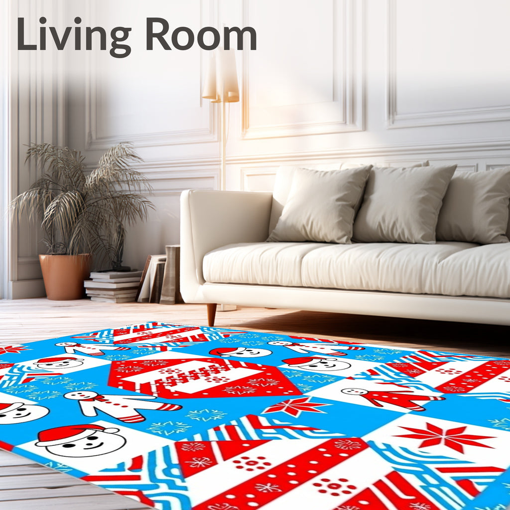 Festive Red Blue Gingerbread Snowman Characters Rug