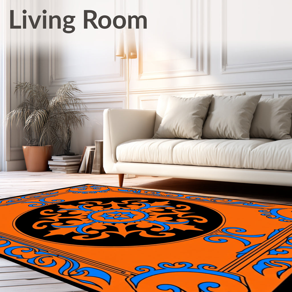 Vibrant Orange Black Blue Medallion Border Rug