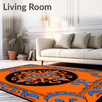 Vibrant Orange Black Blue Medallion Border Rug