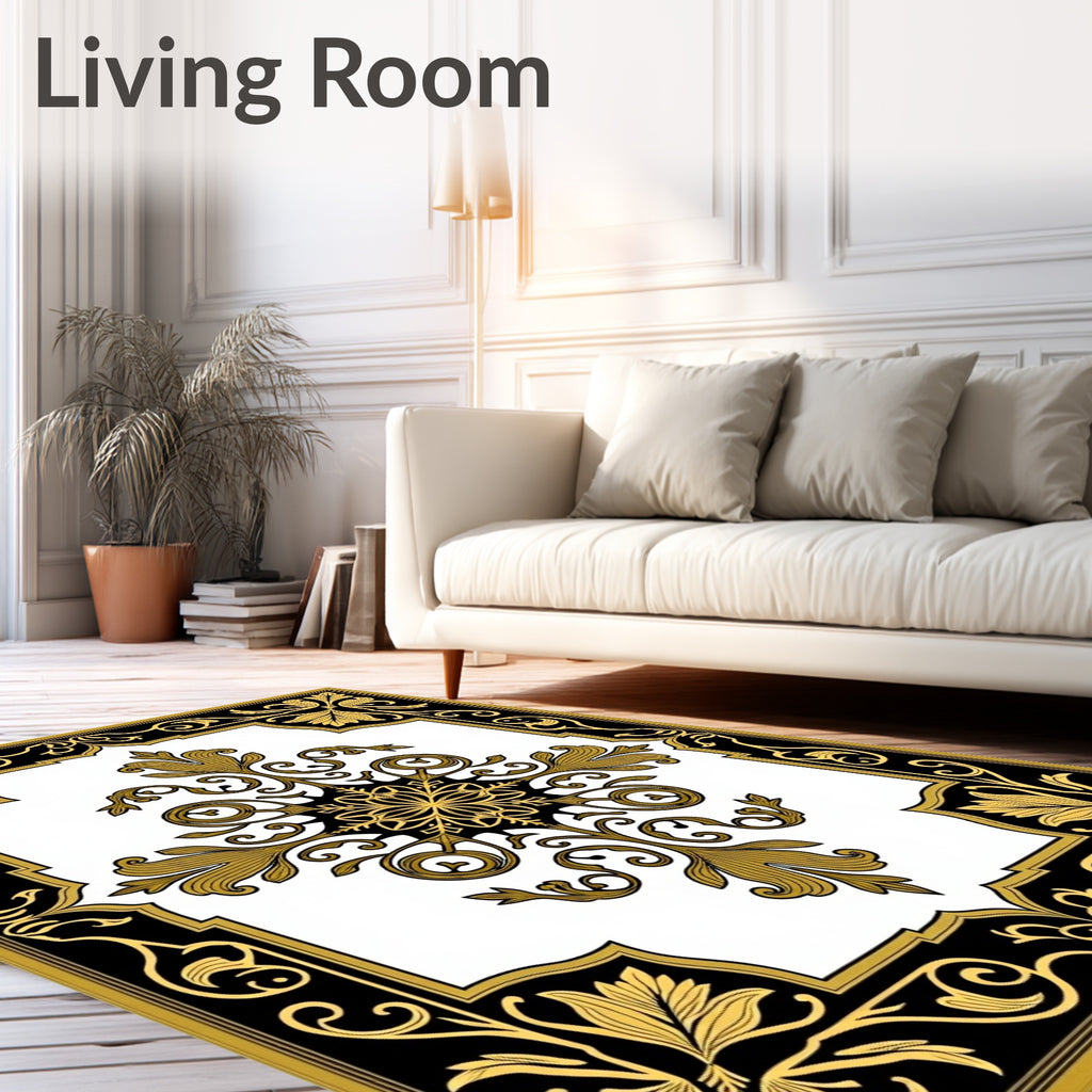 Gold Black Floral Medallion Border Rug