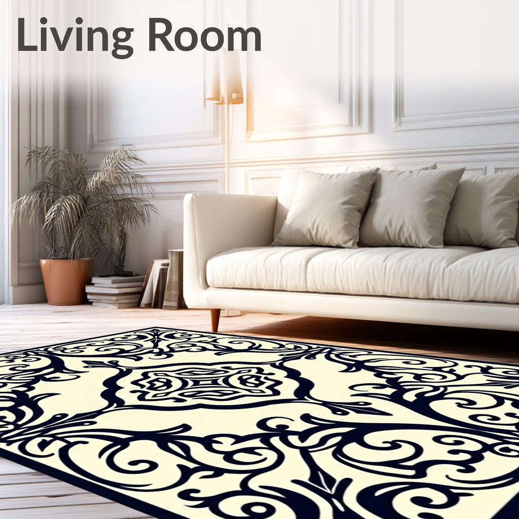Ornate Indigo Floral Scrollwork Ivory Rug