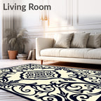Ornate Indigo Floral Scrollwork Ivory Rug