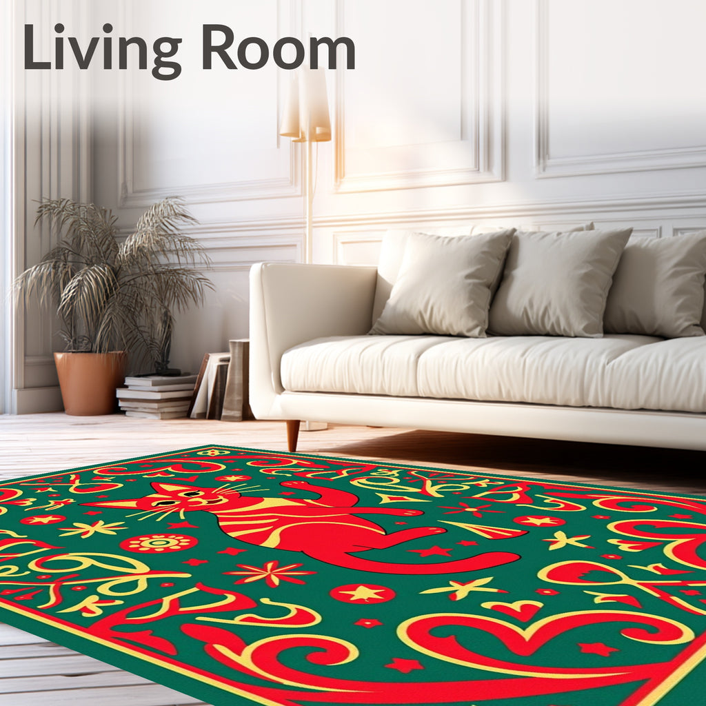 Whimsical Red Cat Folk Art Rug