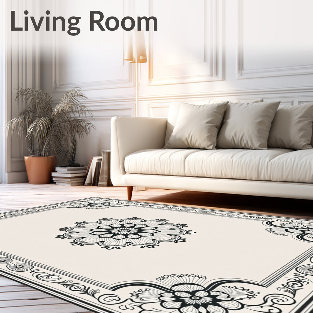 Vintage Black Floral Medallion Border Rug