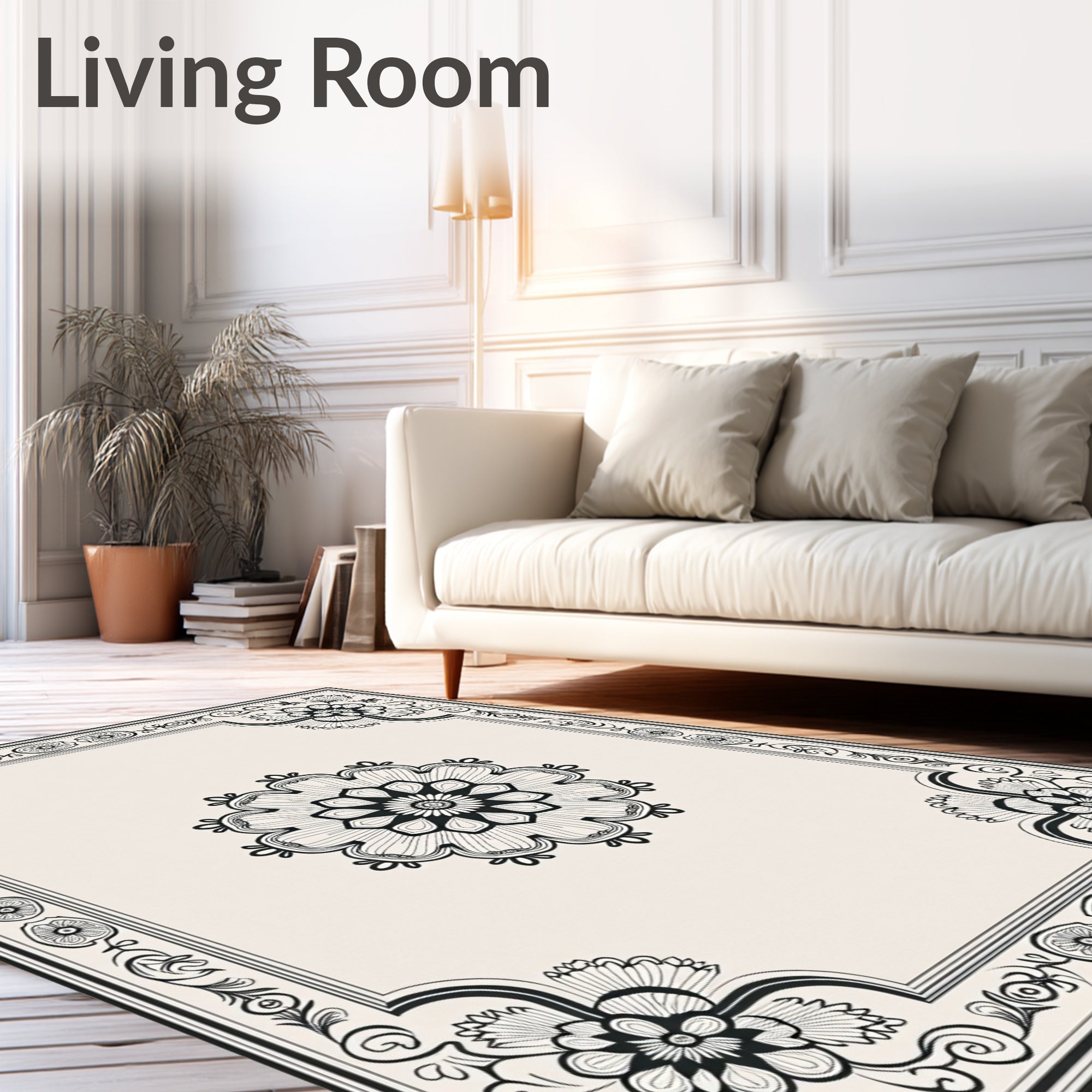 Vintage Black Floral Medallion Border Rug