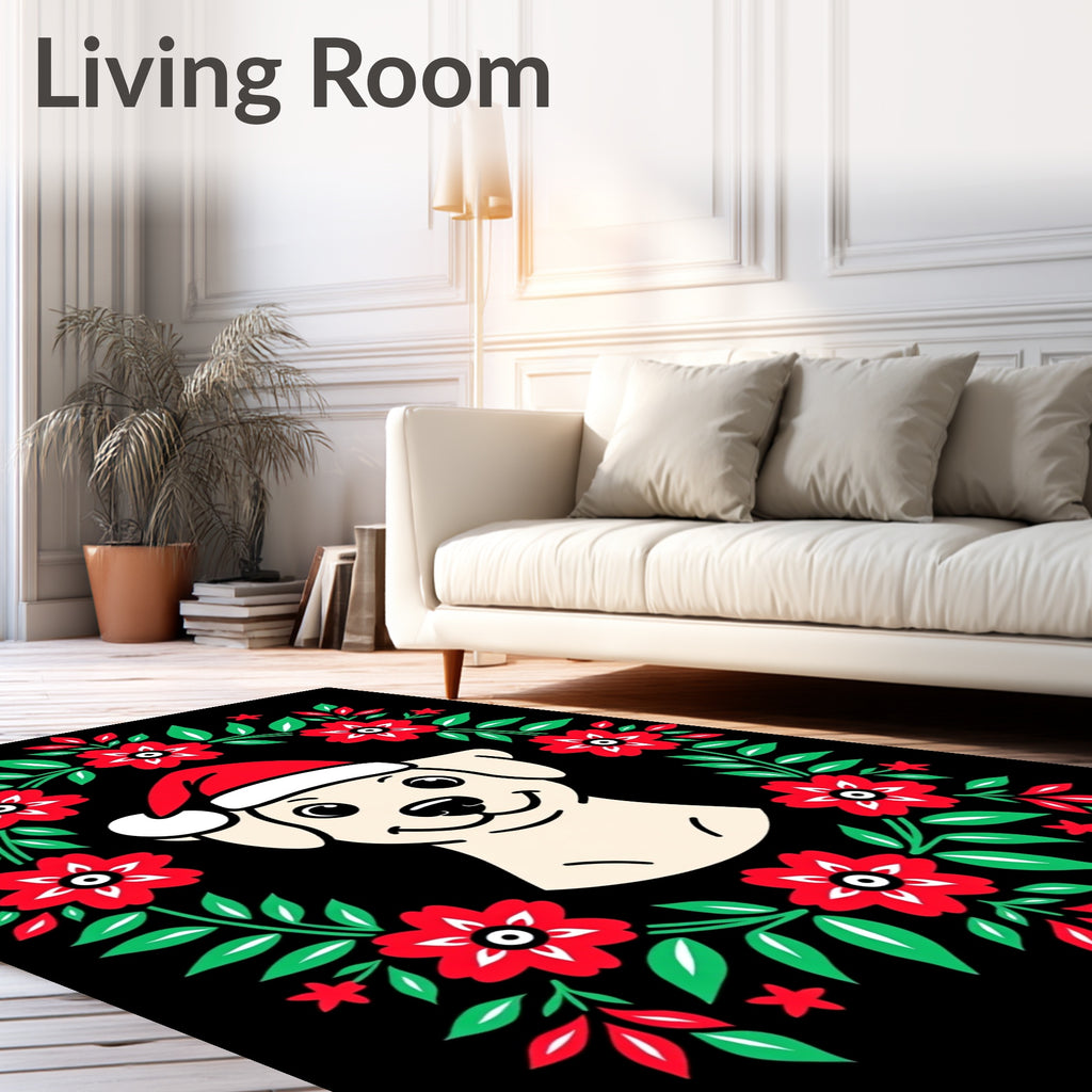 Festive Cream Dog Floral Wreath Christmas Rug