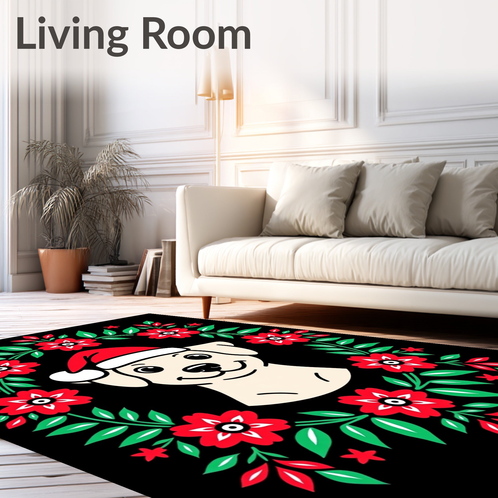 Festive Cream Dog Floral Wreath Christmas Rug