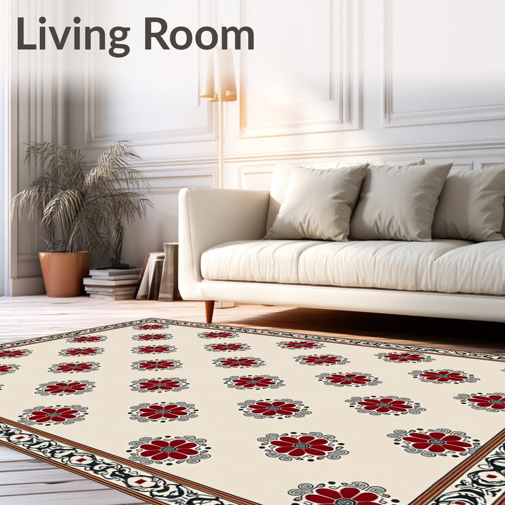 Cream Red Floral Medallion Border Rug