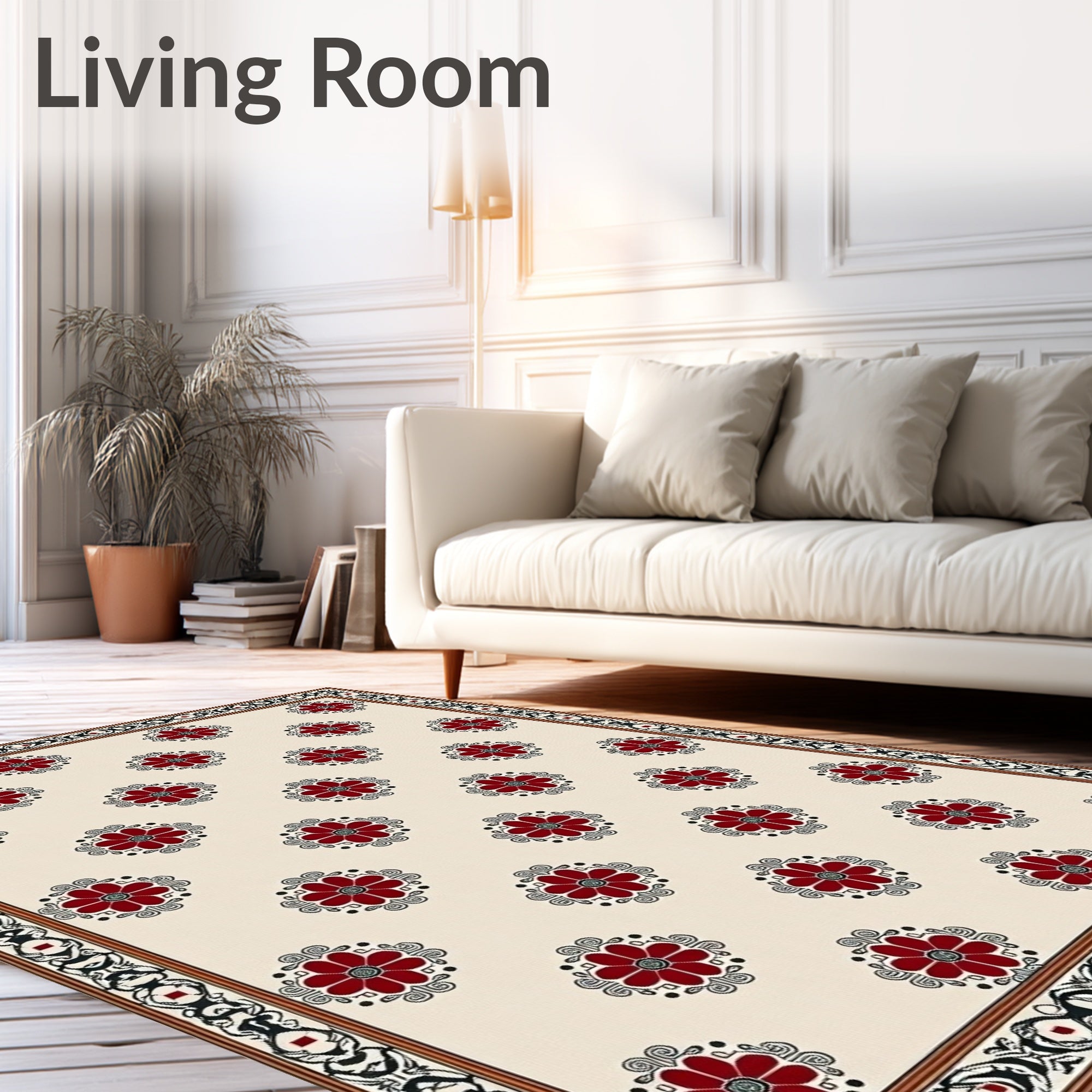 Cream Red Floral Medallion Border Rug