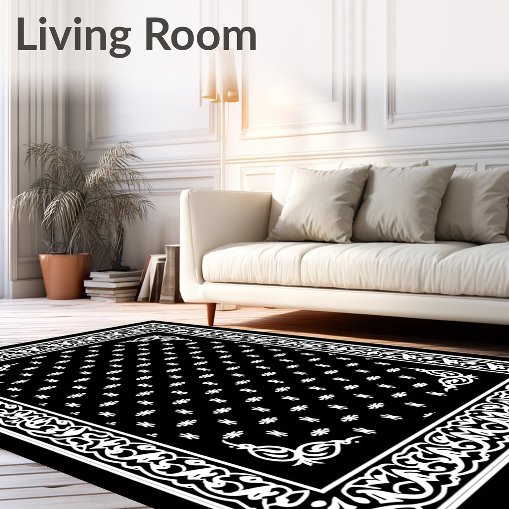 Black White Floral Classic Border Rug