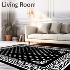 Black White Floral Classic Border Rug