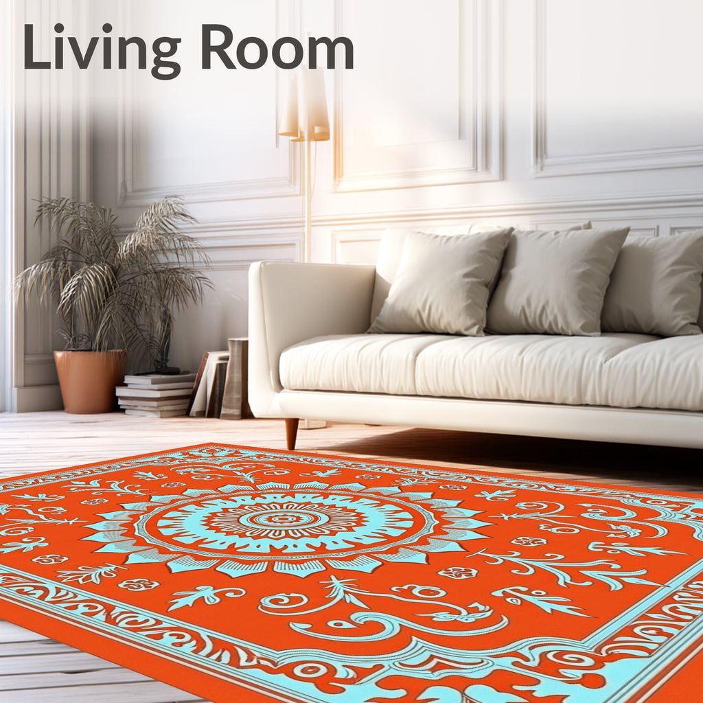 Vibrant Orange Light Blue Medallion Frame Rug