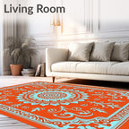 Vibrant Orange Light Blue Medallion Frame Rug