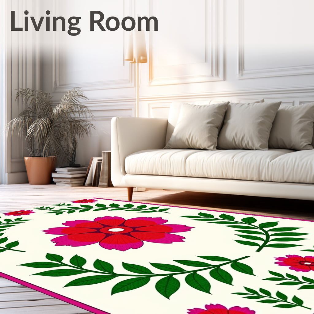 Vibrant Red Pink Floral Leaf Garland Rug