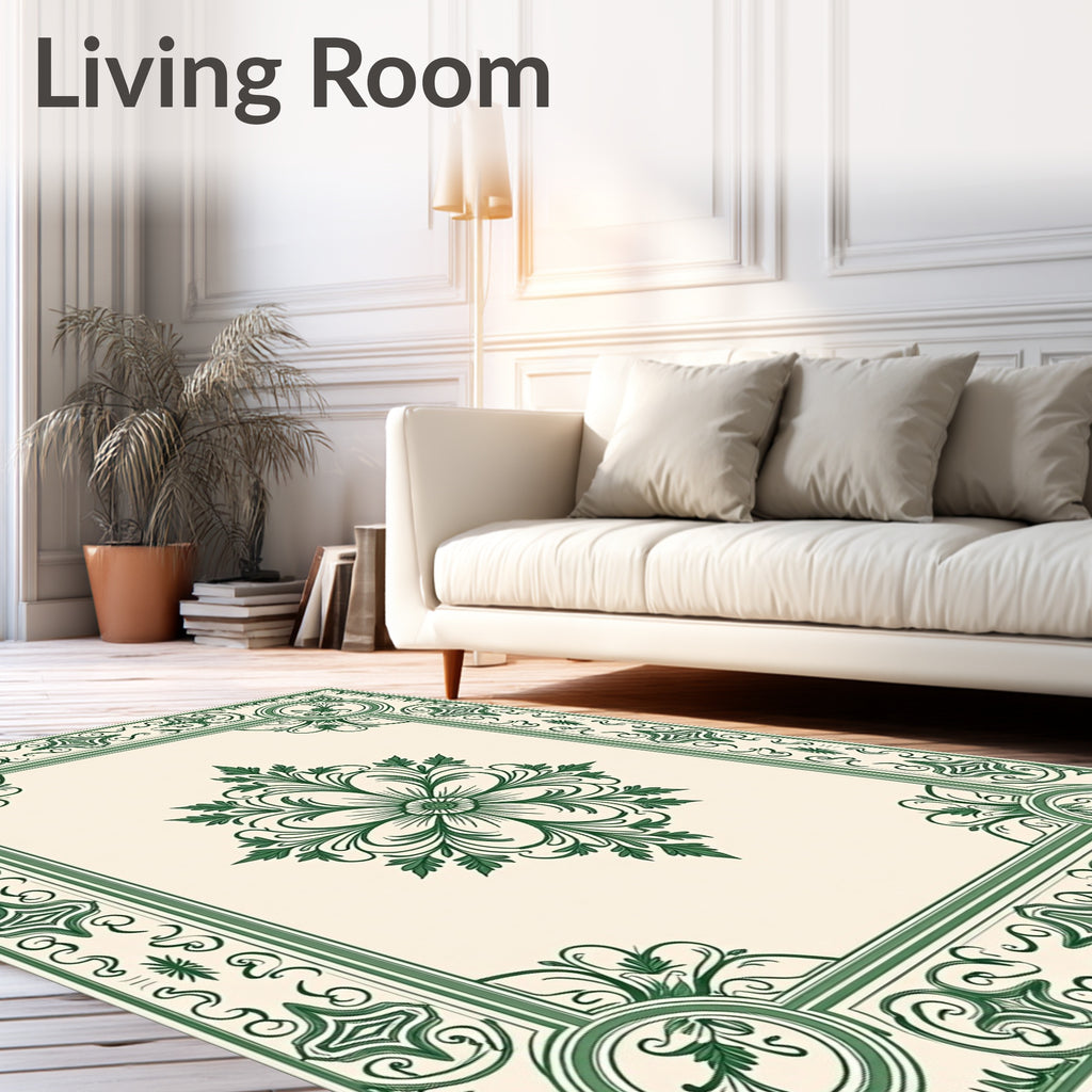 Elegant Green Floral Medallion Border Rug