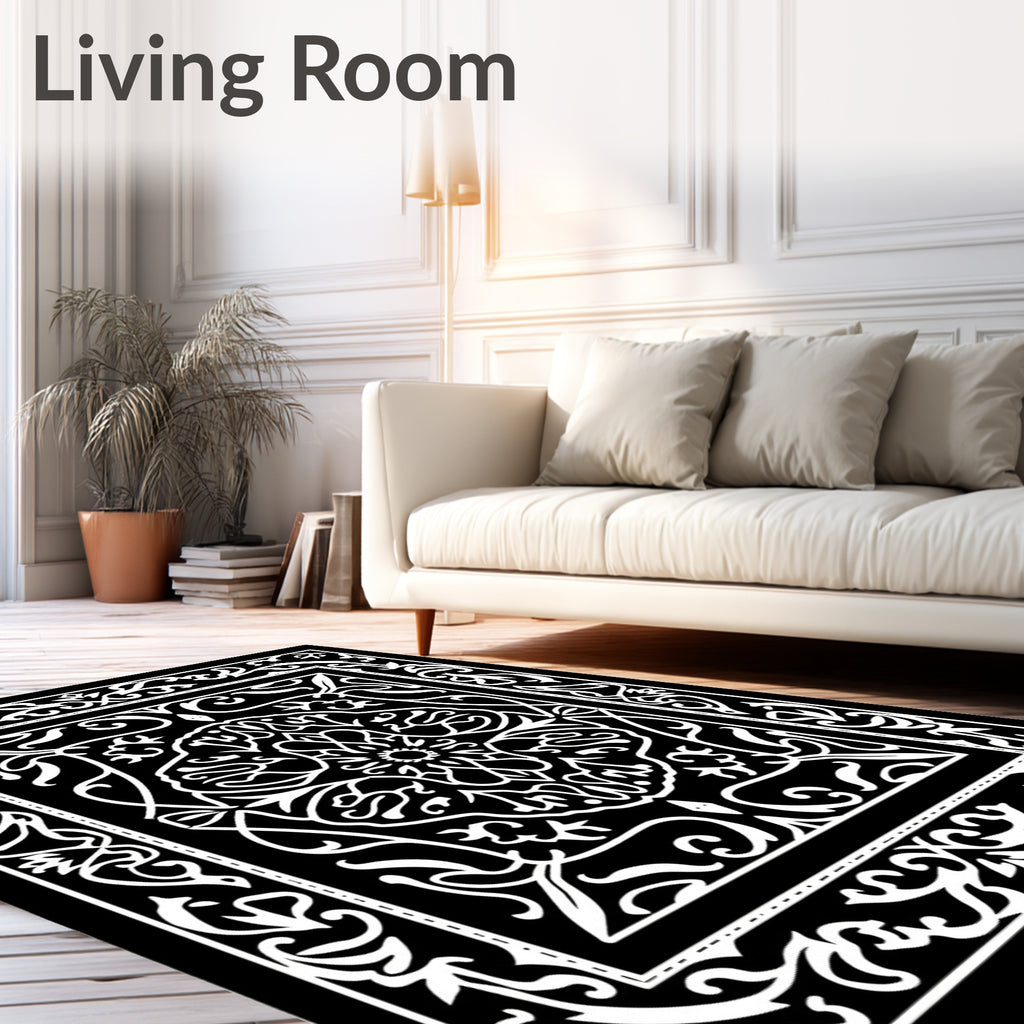 Black White Opulent Scrollwork Rug