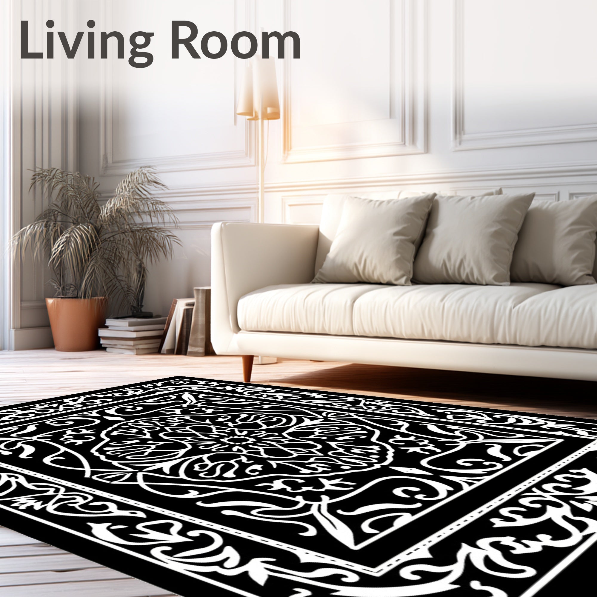 Black White Opulent Scrollwork Rug
