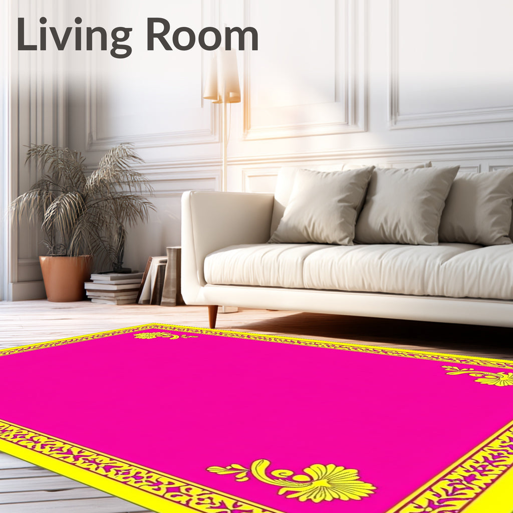 Vibrant Pink Yellow Floral Border Rug