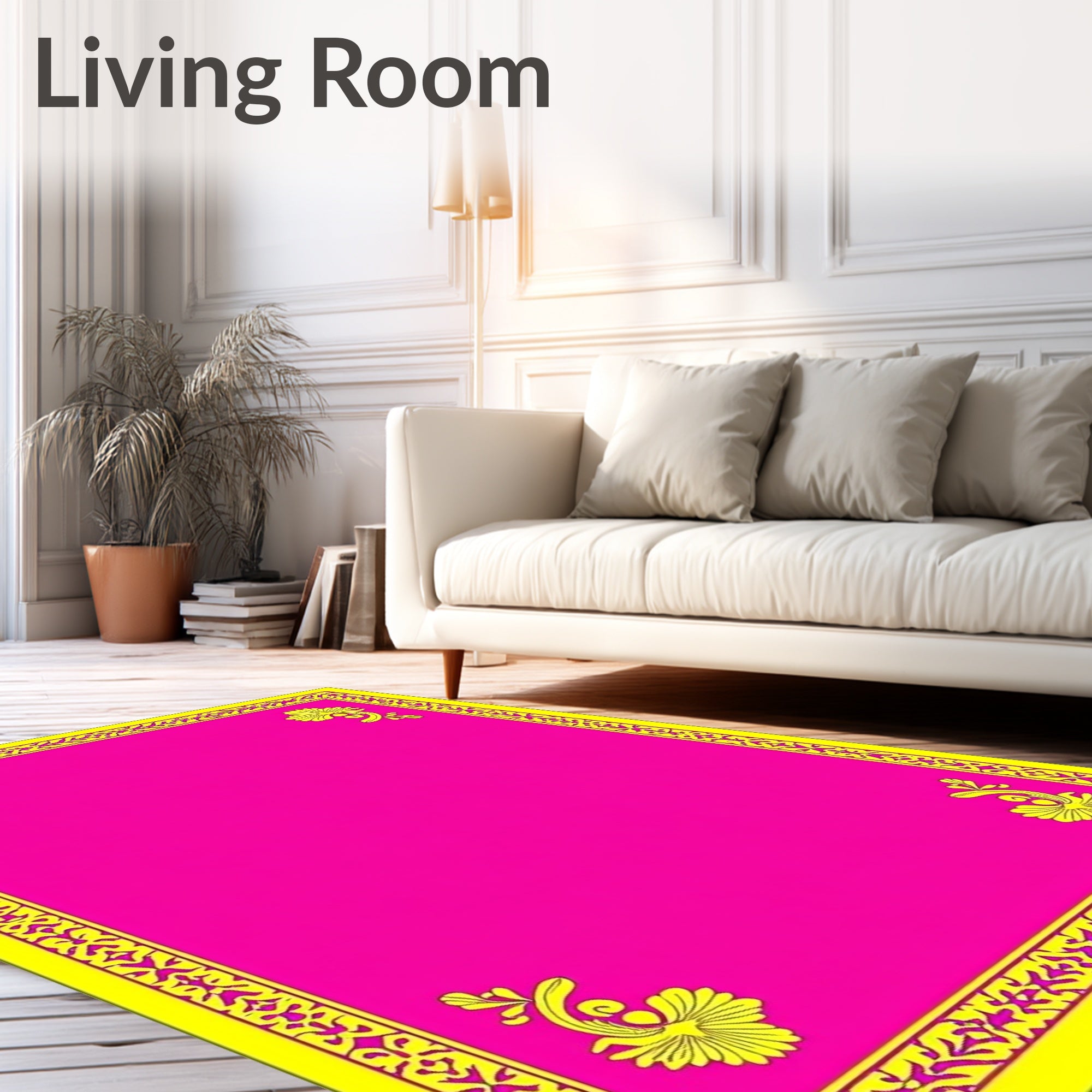Vibrant Pink Yellow Floral Border Rug