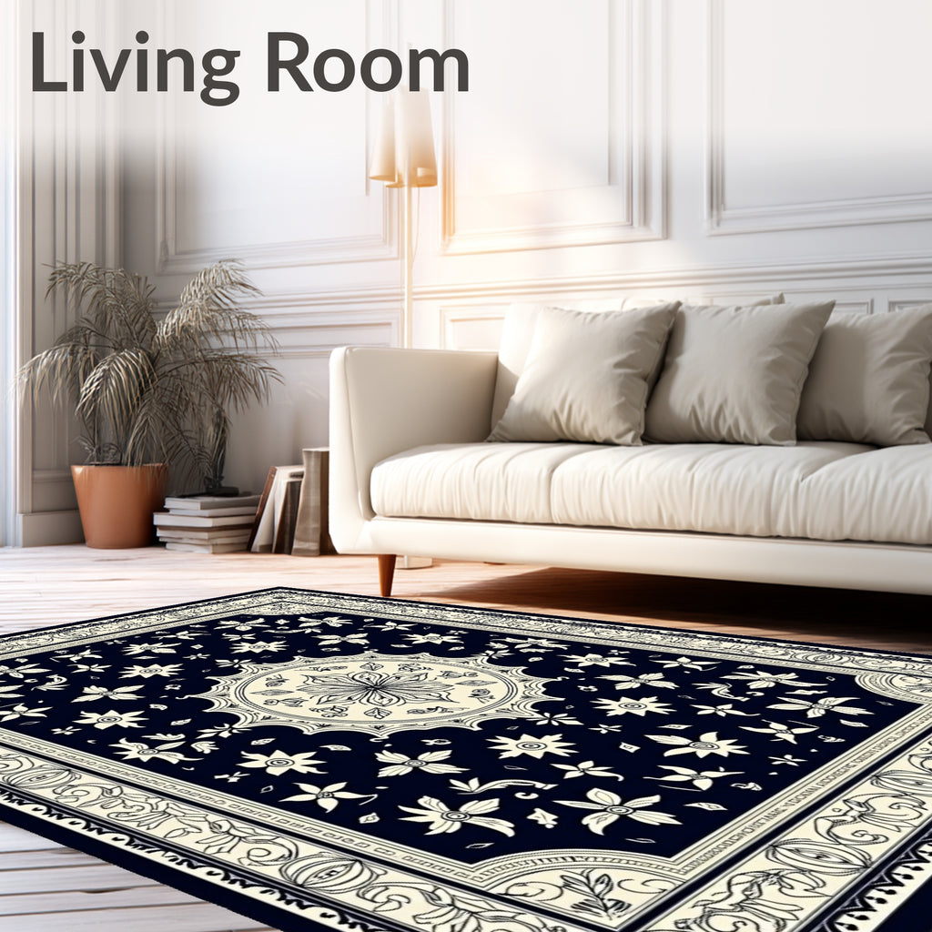 Dark Navy Floral Medallion Garden Rug