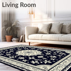 Dark Navy Floral Medallion Garden Rug