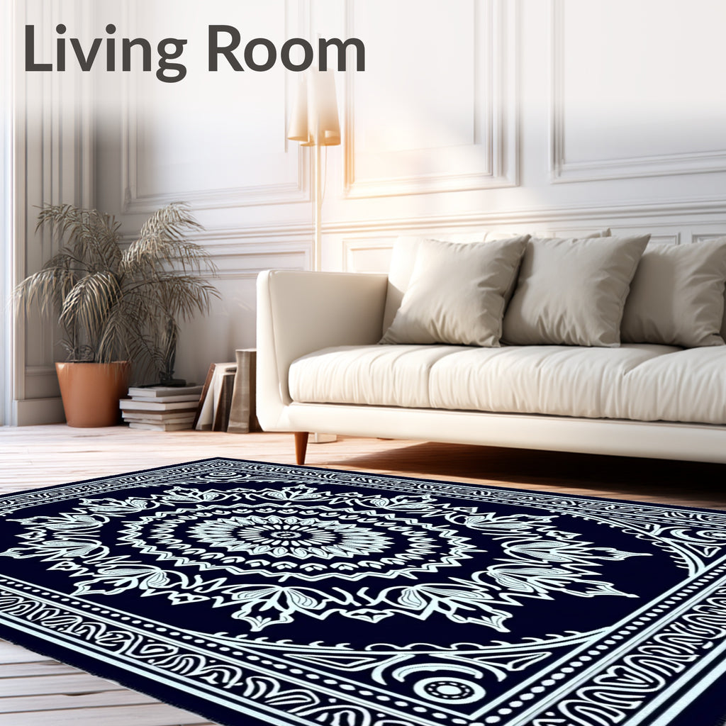 Midnight Blue Floral Medallion Border Rug