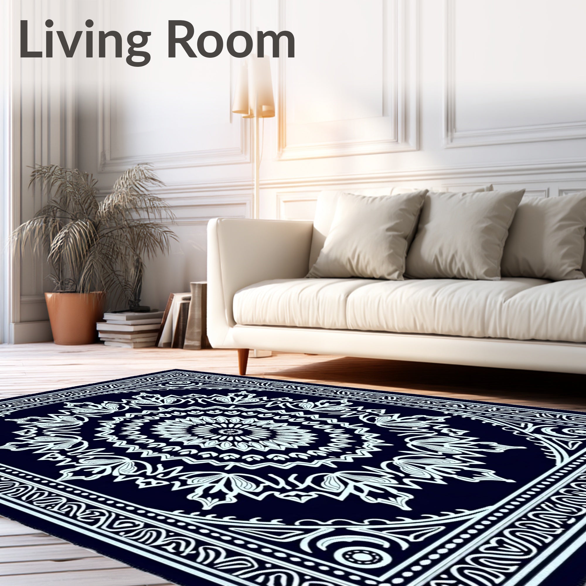Midnight Blue Floral Medallion Border Rug