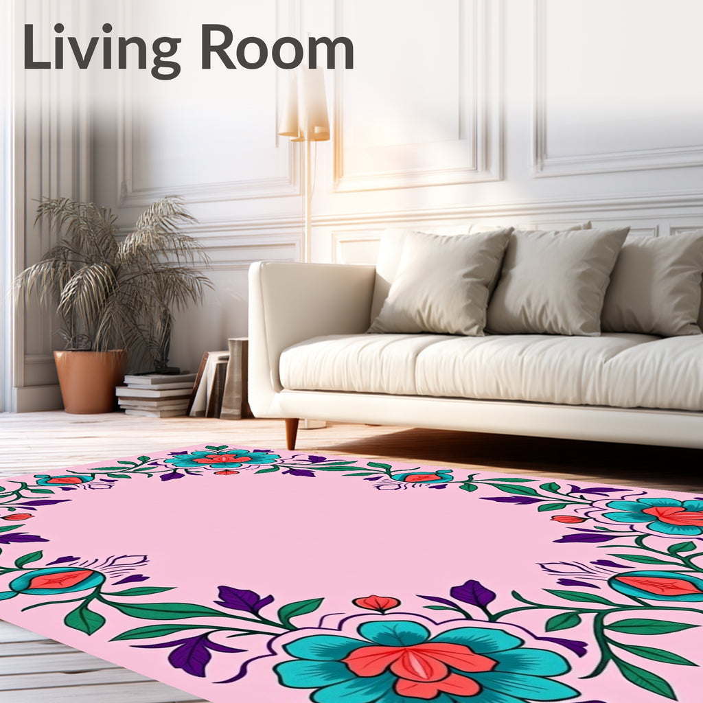 Teal Coral Blossom Vine Frame Rug