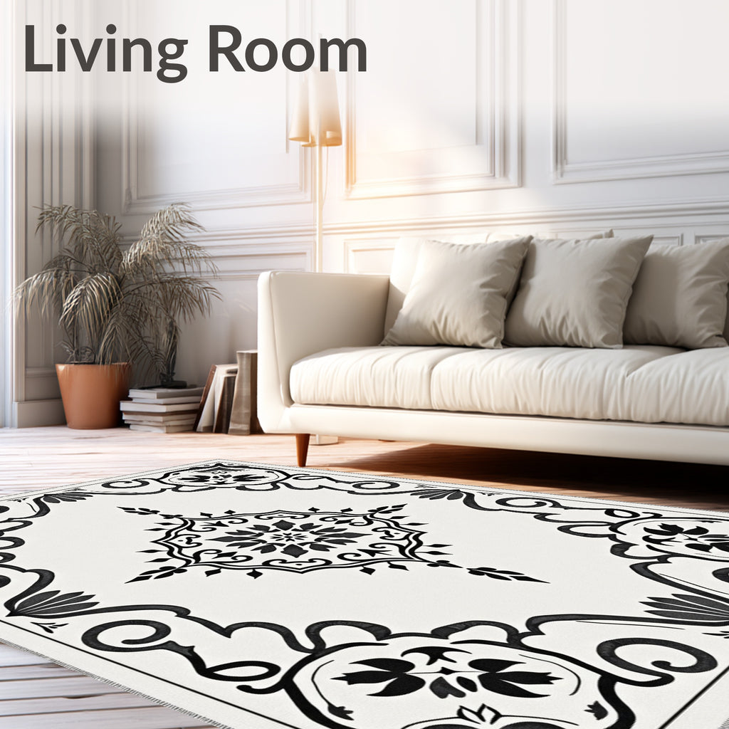 Black White Classic Floral Medallion Rug