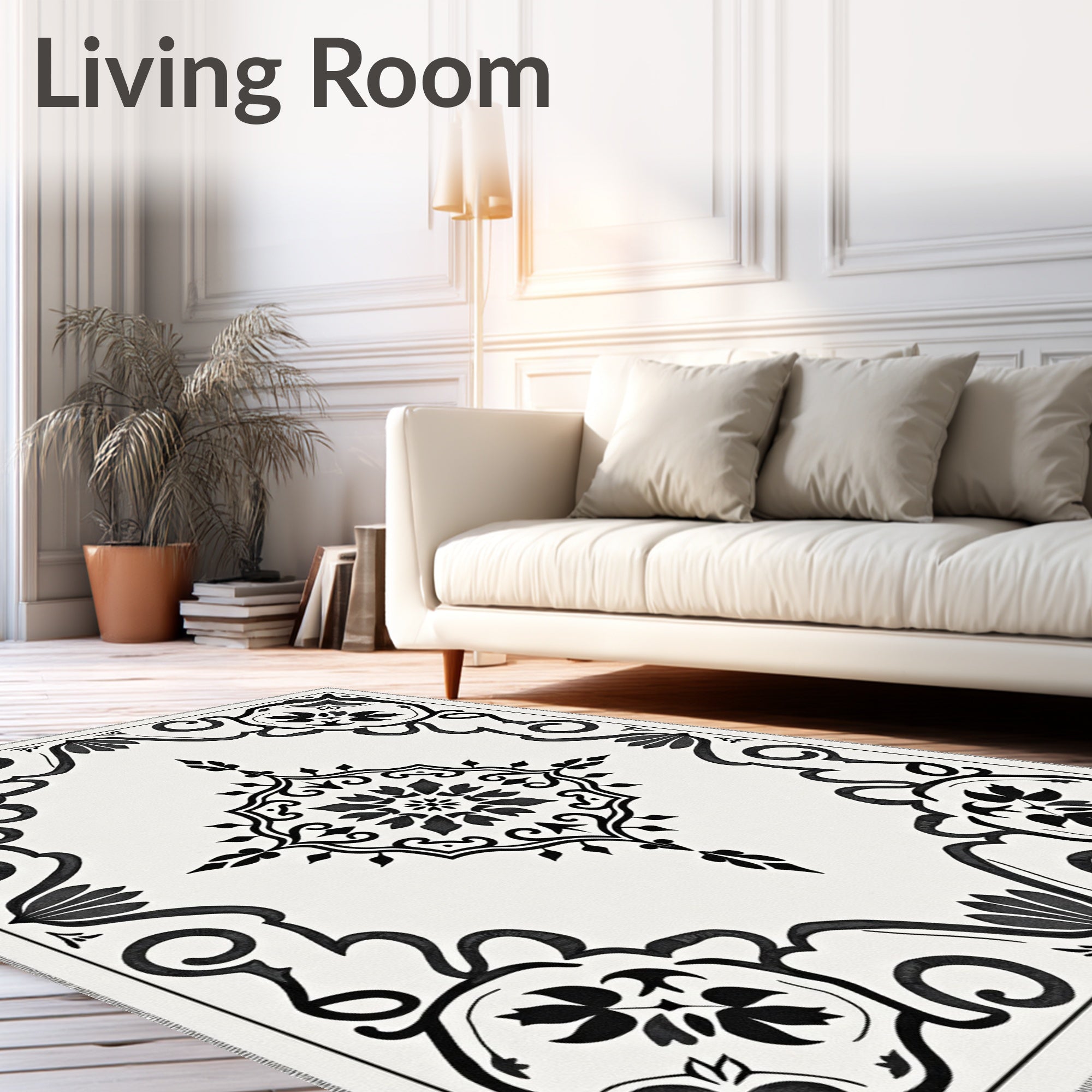 Black White Classic Floral Medallion Rug