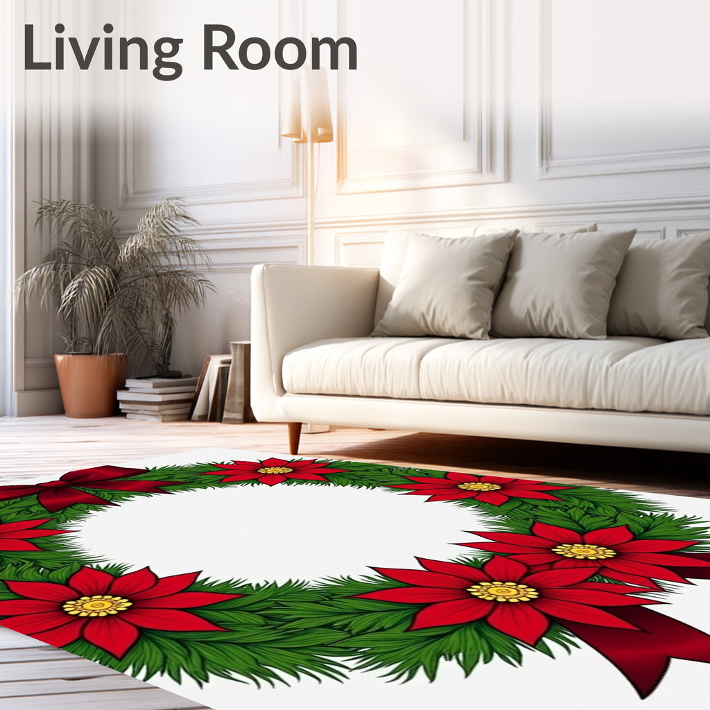Red Poinsettia Green Fir Ribbon Wreath Rug