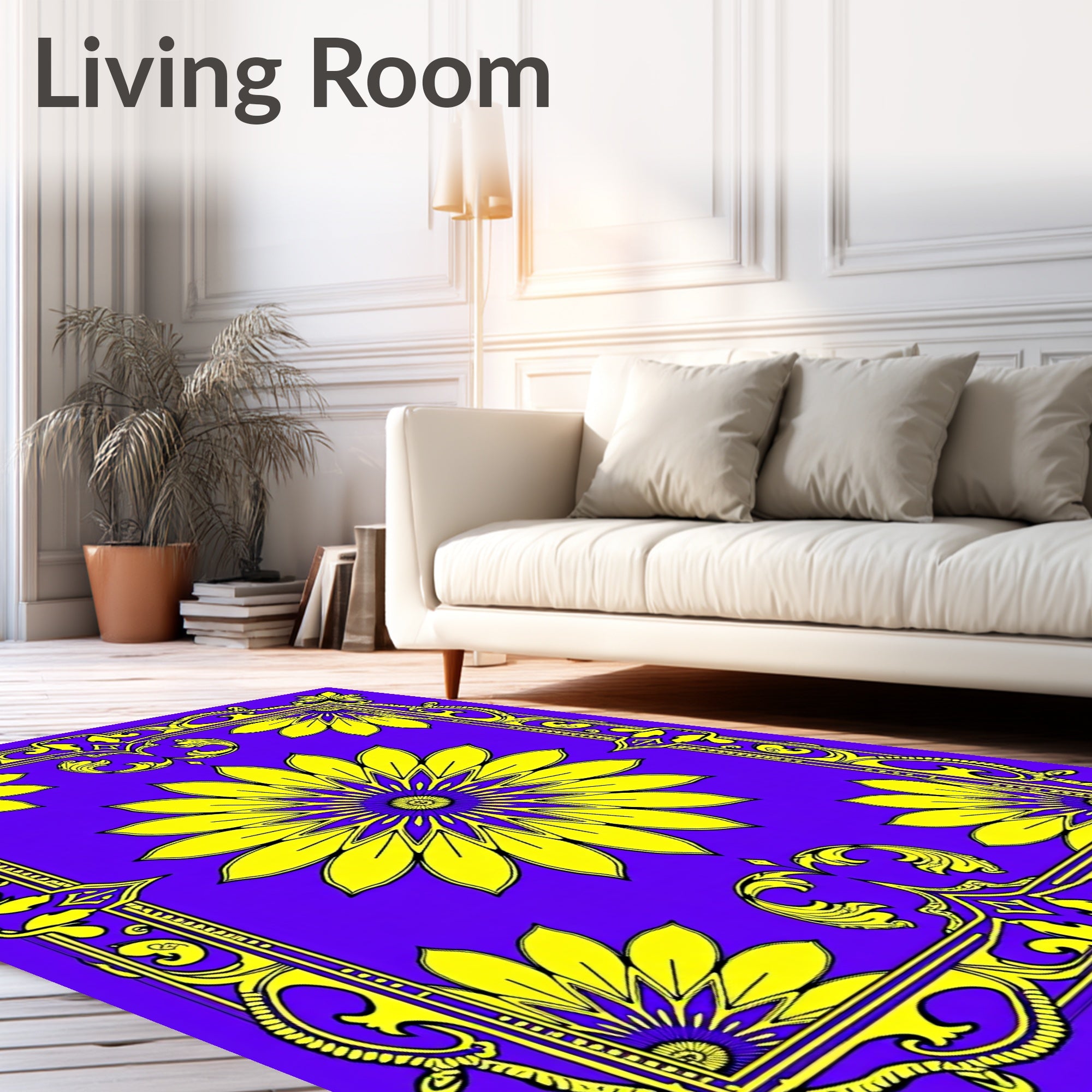 Vibrant Yellow Floral Garden Border Rug