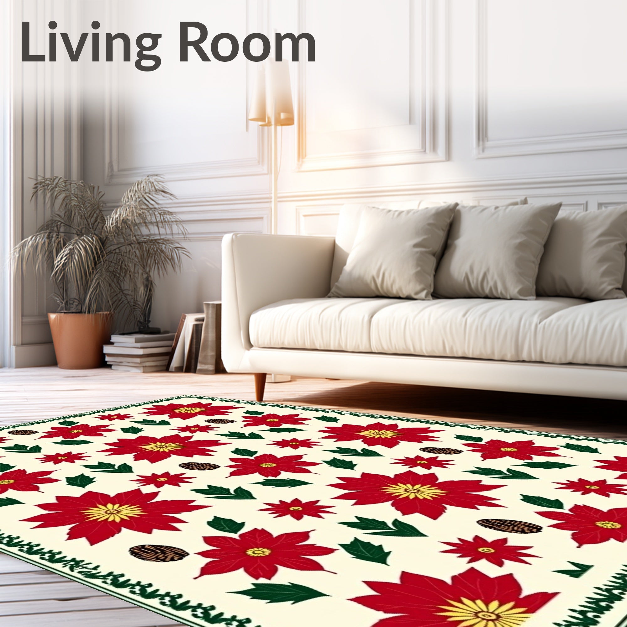 Crimson Red Poinsettia Pinecone Arrangement Rug