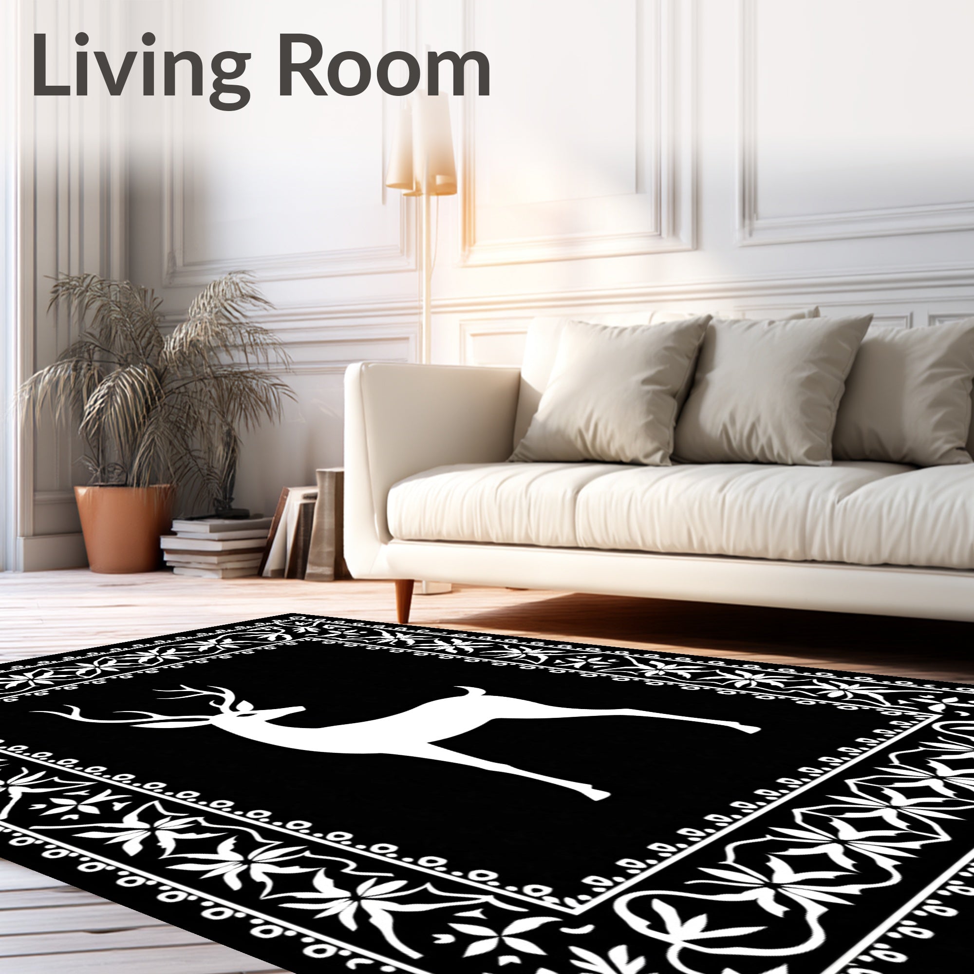 Black White Stag Floral Border Rug