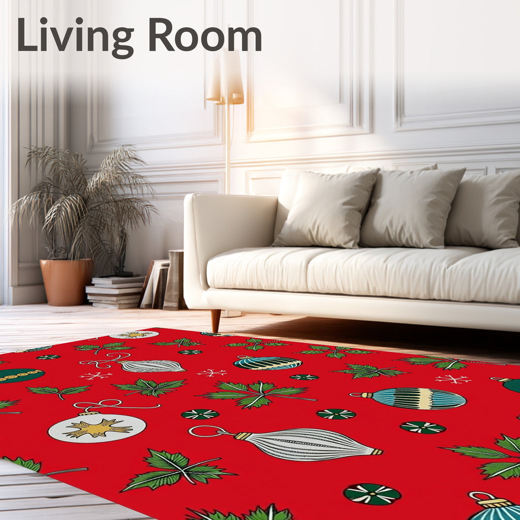 Festive Red Christmas Ornaments and Holly Rug