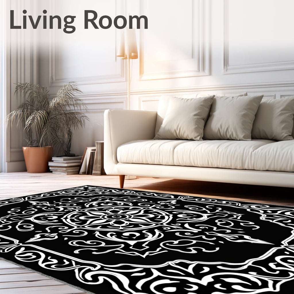 Black White Ornate Floral Medallion Rug