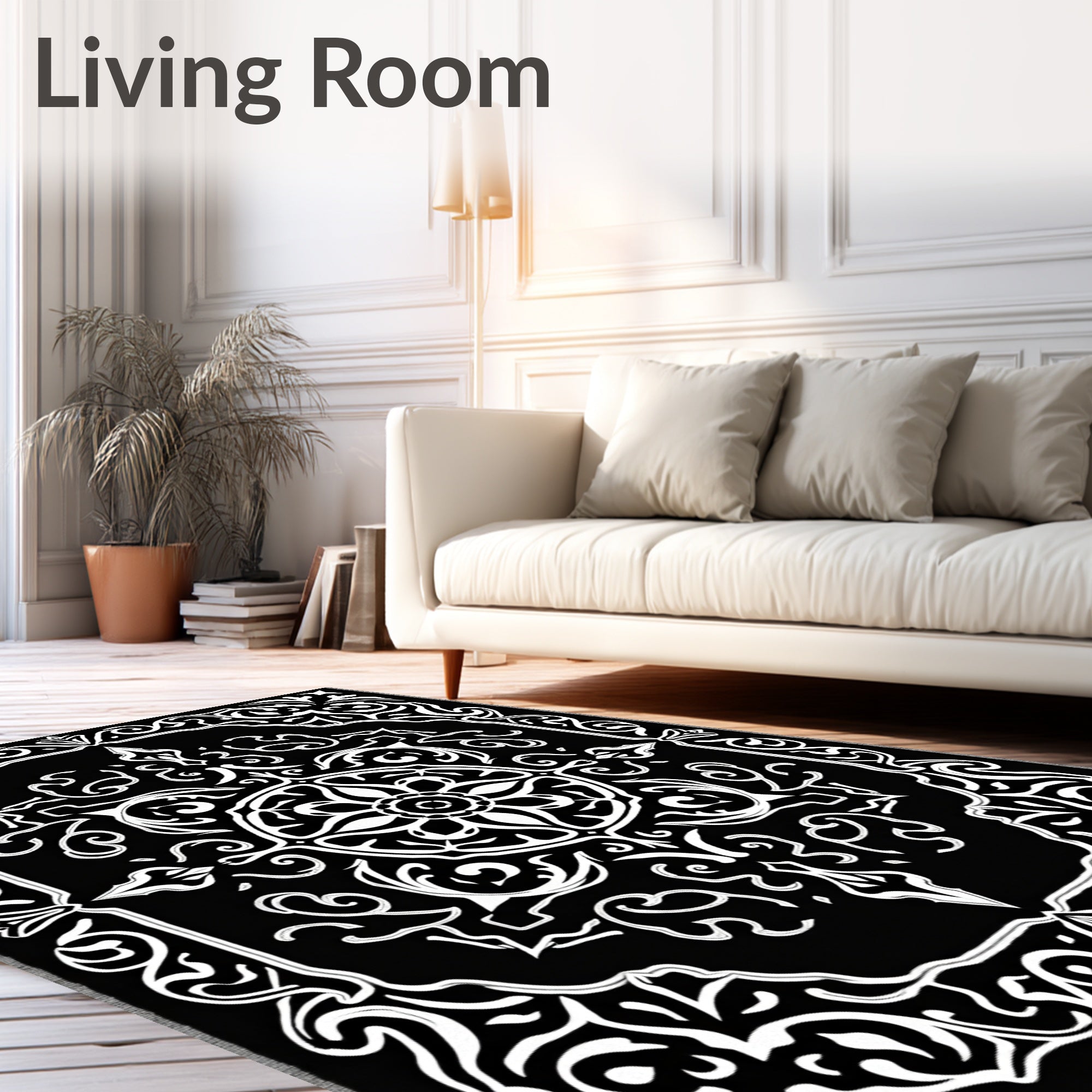 Black White Ornate Floral Medallion Rug