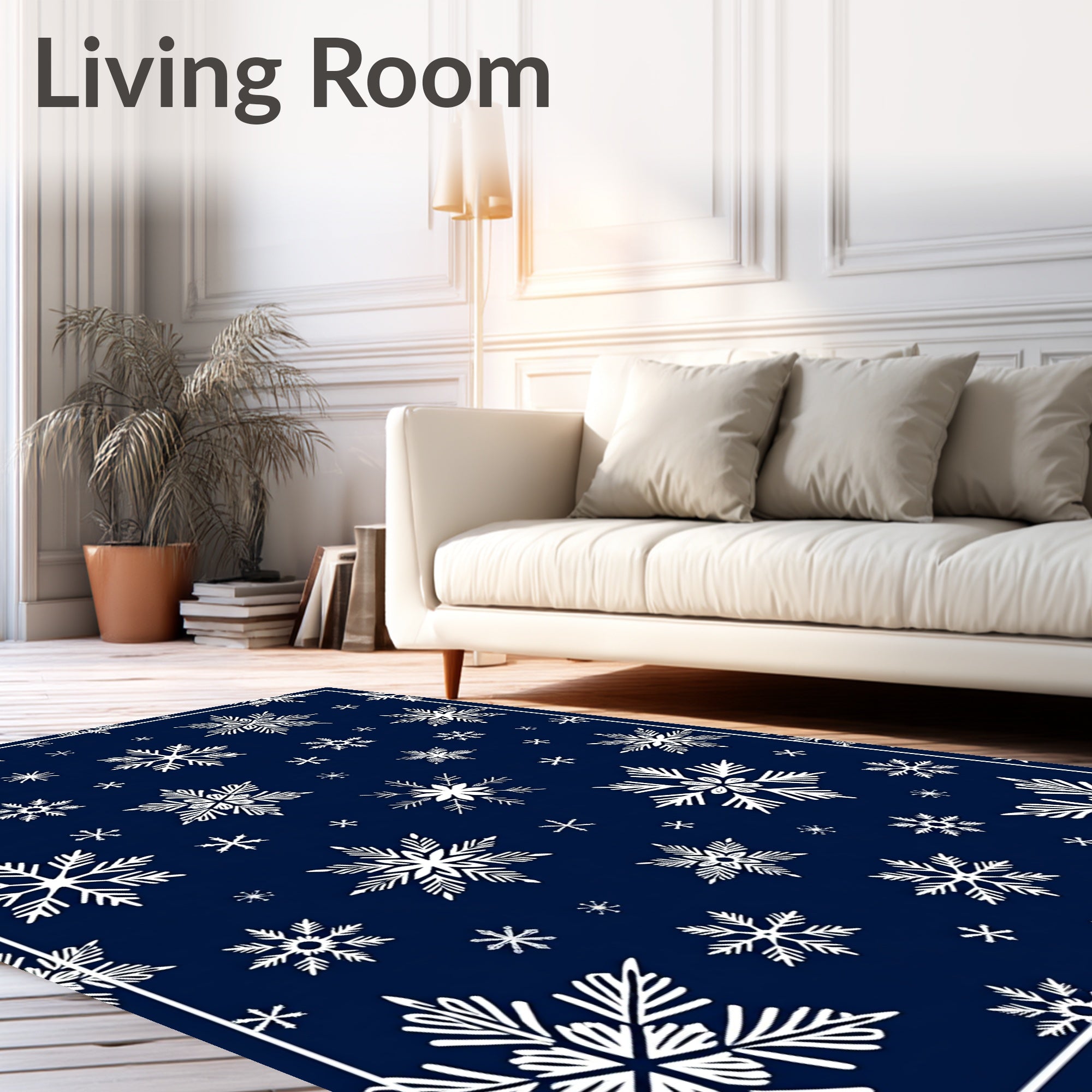 White Snowflake Snowfall Navy Rug