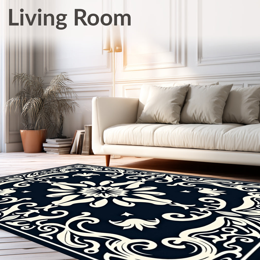 Dark Navy Ivory Scrollwork Medallion Rug