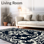 Dark Navy Ivory Scrollwork Medallion Rug