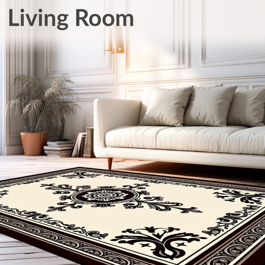 Ornate Cream Dark Brown Medallion Border Rug